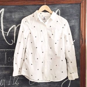 Embroidered button down with black cross detailing
